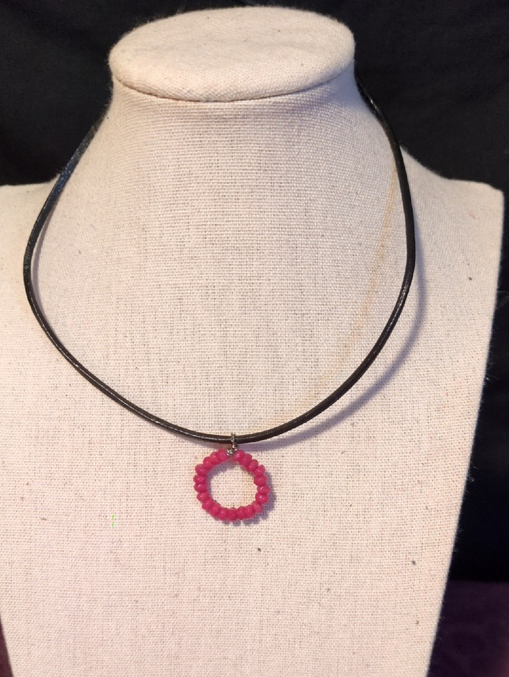Handmade Dyed Pink Tourmaline Beaded Karma Circle Pendant Choker Black Cord